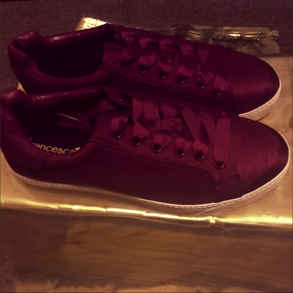 Wine Red Satin Laced Up Shoes